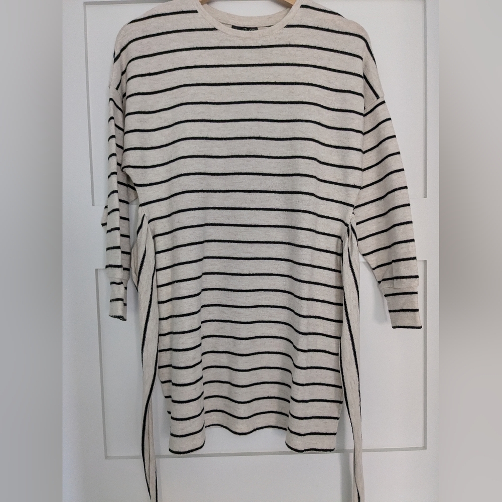 Topshop Cream and Black Striped Long Sweater With Belt Tie